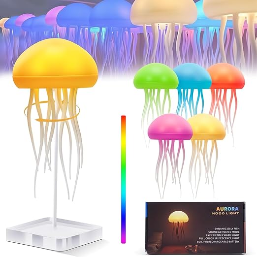 Aurora LED Jellyfish Night Light Lamp – Color-Changing Mood Light with USB Rechargeable Battery – 7 Lighting Modes – Soft Silicone Tentacles – Ideal for Bedroom, Kids Room, Desk & Gifts