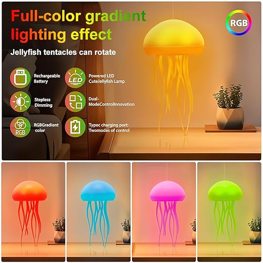 Aurora LED Jellyfish Night Light Lamp – Color-Changing Mood Light with USB Rechargeable Battery – 7 Lighting Modes – Soft Silicone Tentacles – Ideal for Bedroom, Kids Room, Desk & Gifts